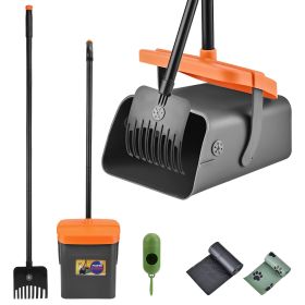 Pooper Scooper Kit Dog Poop Rake & Swiveling Bin Poop Heavy Duty with Extra Long Handle Waste Bags Dispenser