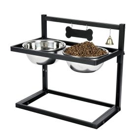 Dog Raised Bowls with Adjustable Height Stainless Steel Elevated Double Dog Bowls with Bell Name Plate