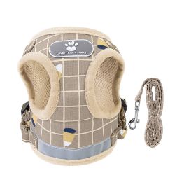 Reflective Mesh Harness Dog Leash Set (Option: KhakiCheckered_XL)