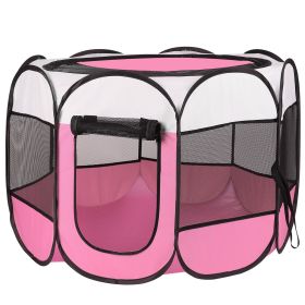 Portable Foldable Pet Playpen Exercise Removable Zipper Top and Bottom Water Resistant Indoor Outdoor (Color: Pink)